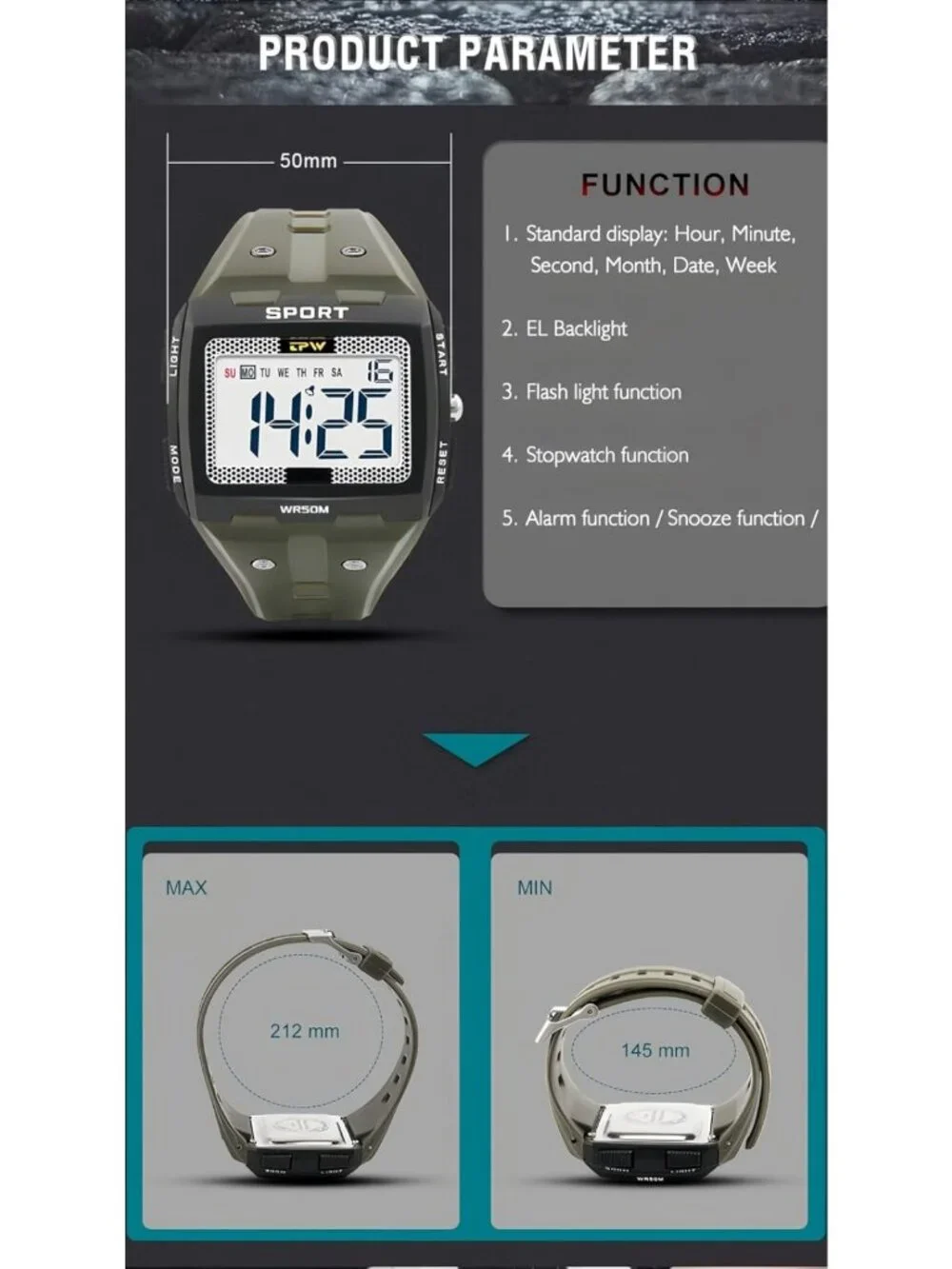 Men's Digital Military Watch - 5ATM Water Resistant, Easy-to-Read Display, Alarm